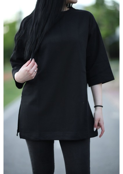 Yırtmaçlı Basic Oversize Fakir Kol T-Shirt