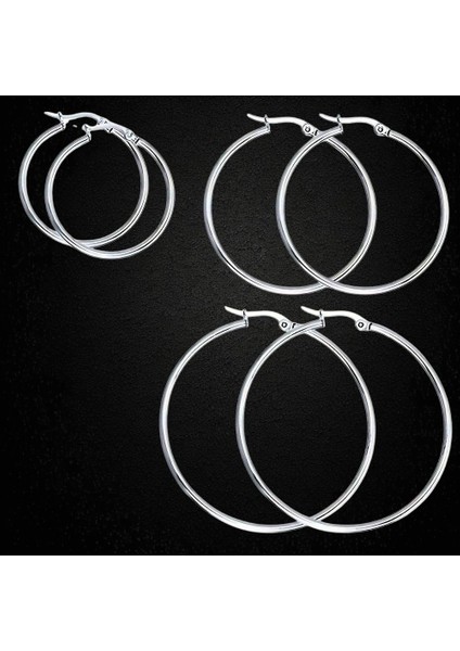 Çelik Küpe 3'lü Büyük Halka 2 mm Kalınlık 3-4-5 cm Uzunluk Gümüş Silver