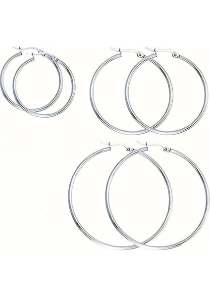Çelik Küpe 3'lü Büyük Halka 2 mm Kalınlık 3-4-5 cm Uzunluk Gümüş Silver