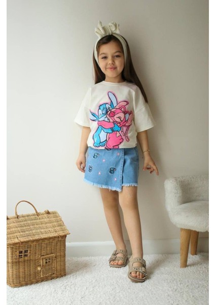Stitch Temalı Şort Etekli Kot Takım