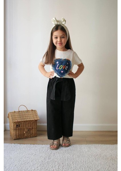 Love Baskı Tşörtlü Kot Pantolon Takım