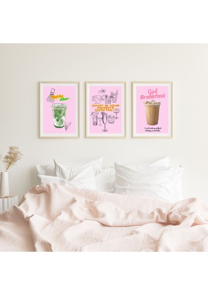 3'lü Poster Seti, Estetik Duvar Posteri, Çerçevesiz Poster Matcha Vibes Pink