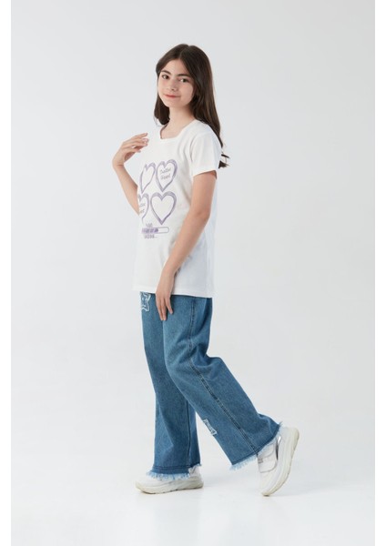 %100 Pamuk Kalp Baskılı Kız Çocuk Tişört