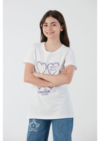 %100 Pamuk Kalp Baskılı Kız Çocuk Tişört modelleri