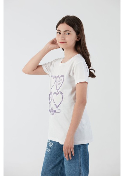 %100 Pamuk Kalp Baskılı Kız Çocuk Tişört fırsatları