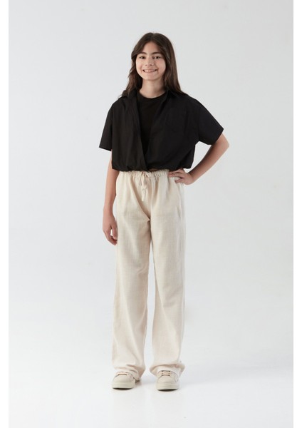 %100 Pamuk Beli Bağlamalı Kız Çocuk Palazzo Pantolon