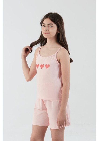 Kalp Baskılı Askılı Kız Çocuk Pijama Takımı