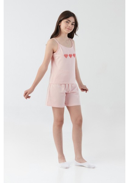 Kalp Baskılı Askılı Kız Çocuk Pijama Takımı