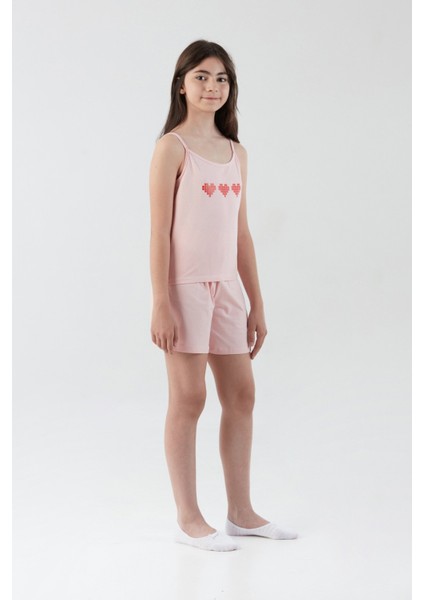 Kalp Baskılı Askılı Kız Çocuk Pijama Takımı