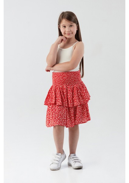 Çiçek Desenli Fırfırlı Kız Çocuk Etek