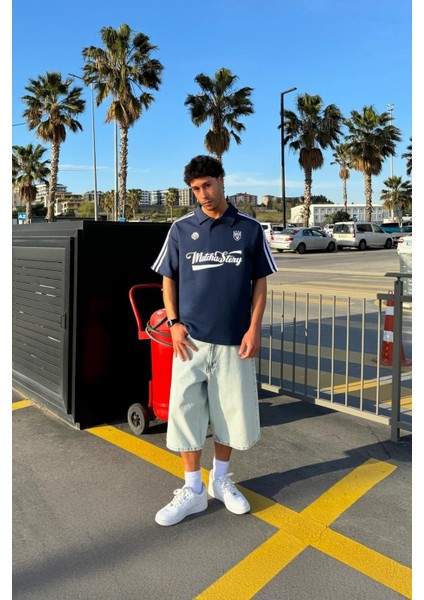 Matcha Story Baskılı Lacivert Oversize Tişört
