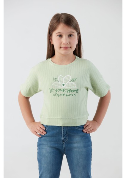 Fitilli Yazı Baskılı Likralı Kız Çocuk Tişört