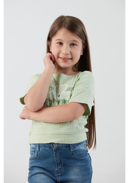 Fitilli Yazı Baskılı Likralı Kız Çocuk Tişört indirimleri