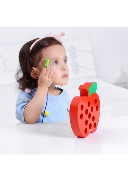 Ahşap Bağlama Iplikleme Oyuncağı Montessori Solucan Meyve Yiyen Iplikleme Seyahat Oyunu Çocuklar Için Erken Eğitim Oyuncağı Elma