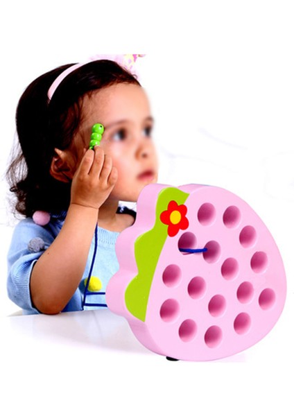 Ahşap Bağlama Iplikleme Oyuncağı Montessori Solucan Meyve Yiyen Iplikleme Seyahat Oyunu Çocuklar Için Erken Eğitim Oyuncağı Çilek
