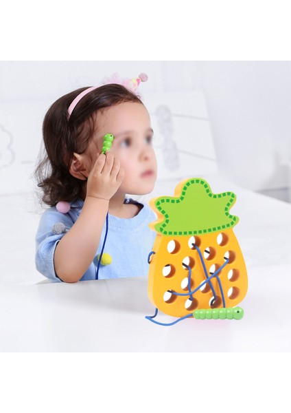 Ahşap Bağlama Iplikleme Oyuncağı Montessori Solucan Meyve Yiyen Iplikleme Seyahat Oyunu Çocuklar Için Erken Eğitim Oyuncağı Ananas indirimleri