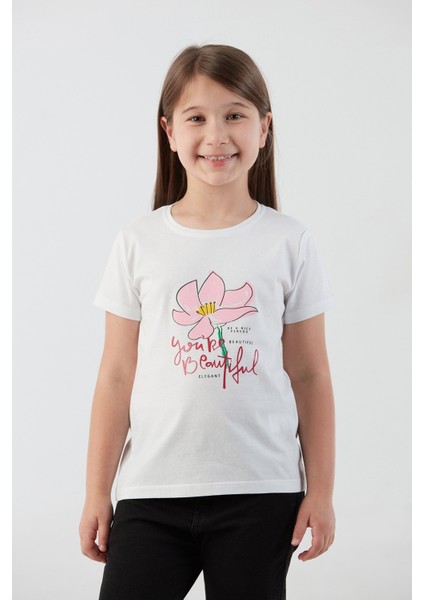 %100 Pamuk Çiçek Baskılı Bisiklet Yaka Kız Çocuk Tişört