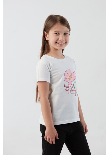 %100 Pamuk Çiçek Baskılı Bisiklet Yaka Kız Çocuk Tişört fiyatları