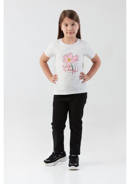 %100 Pamuk Çiçek Baskılı Bisiklet Yaka Kız Çocuk Tişört fırsatları