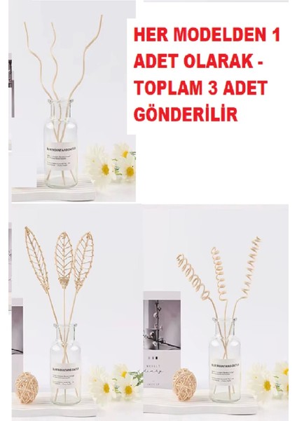 3 Tek Adet 3 Model Aromaterapi Koku Dağıtıcı Rattan Şişe Ahşap Difüzör Çubuk (Spiral-Yaprak-Dalgalı)