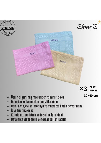 Shines Satış Mağazası 3'lü Mikrofiber Temizlik Bezi, Banyo, Mutfak, Cam, Araba ve Tüm Yüzeyler (30X40 Cm)