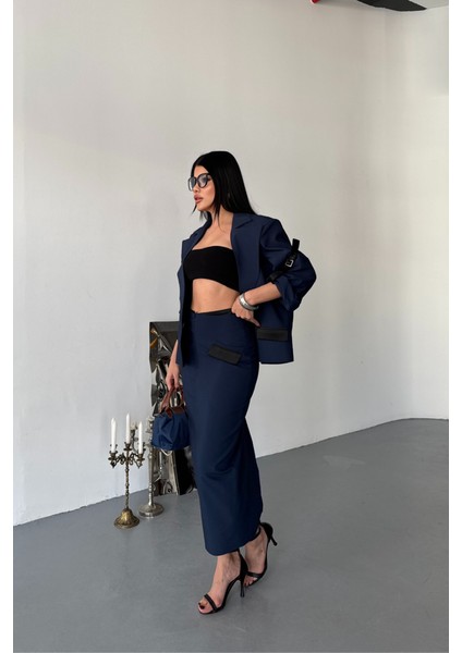 Crop Ceket - Etek Takım - Lacivert