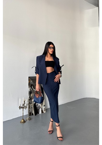 Crop Ceket - Etek Takım - Lacivert