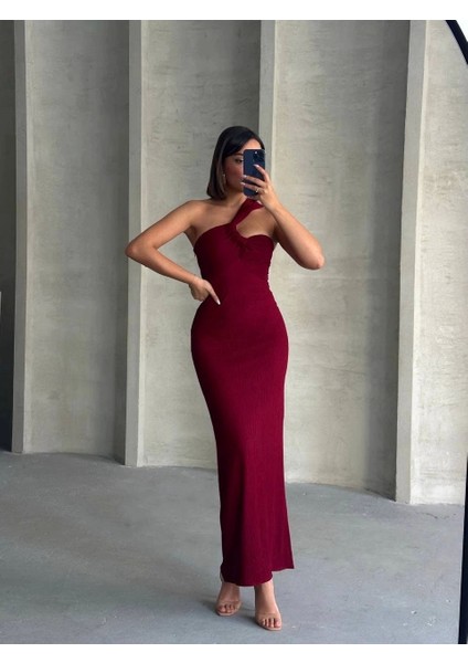 Krinkıl Tek Omuz Uzun Elbise Bordo S25455