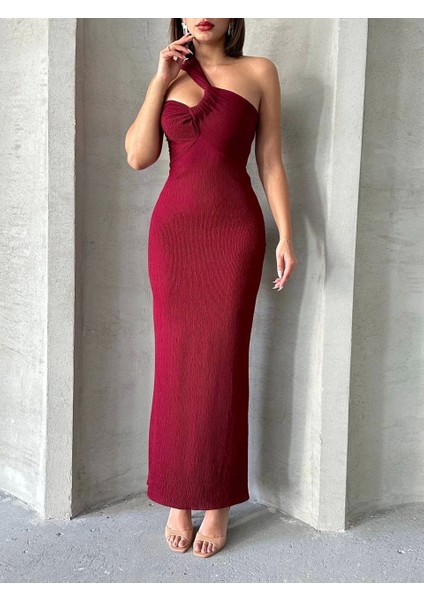 Krinkıl Tek Omuz Uzun Elbise Bordo S25455