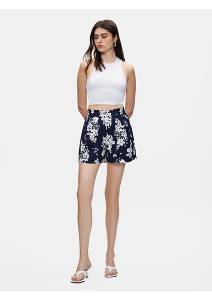 Kadın Çiçekli Mini Poplin Lacivert Şort