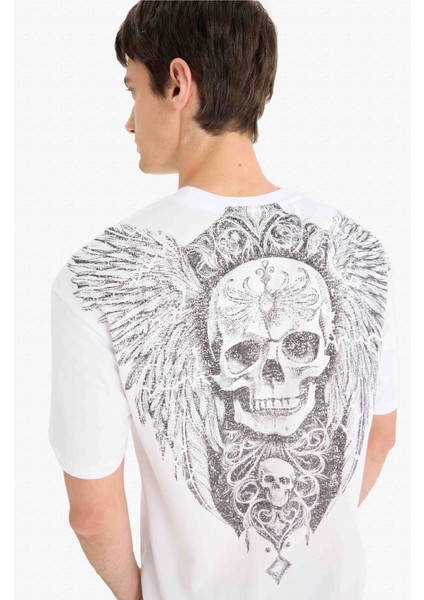 %100 Pamuk Boxy Fit Bisiklet Yaka Sırt Baskılı Kısa Kollu Tişört F5764AX25SM