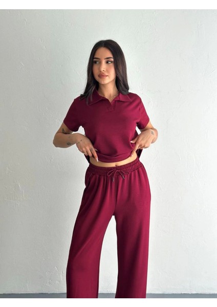 Osy Modal Yumuşak Dokulu Kumaş Kısa Kollu Yakalı T-Shirt Pantalon Ikili Takım- Bordo