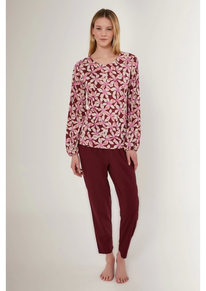 2639-S Çiçek Desenli Kadın Uzun Kollu Pijama Takımı