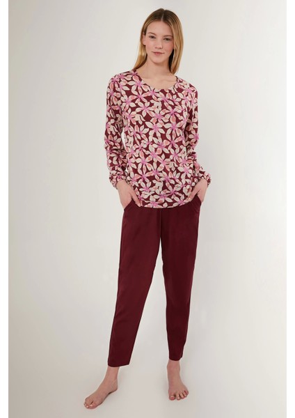 2639-S Çiçek Desenli Kadın Uzun Kollu Pijama Takımı