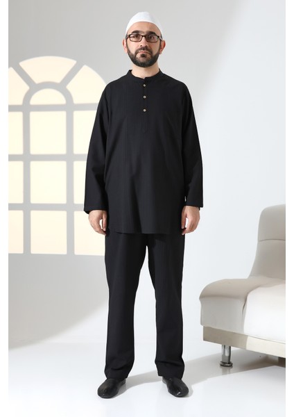 Erkek Tek Cepli Hakim Yaka Gömlek Pantolon Keten Ikili Takım Hac Umre Kıyafeti - Siyah