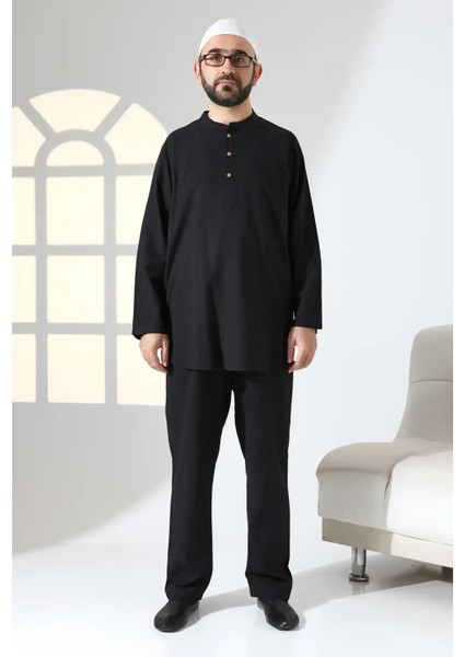 Erkek Tek Cepli Hakim Yaka Gömlek Pantolon Keten Ikili Takım Hac Umre Kıyafeti - Siyah fiyatları