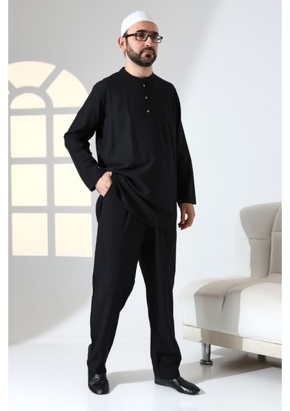 Erkek Tek Cepli Hakim Yaka Gömlek Pantolon Keten Ikili Takım Hac Umre Kıyafeti - Siyah modelleri