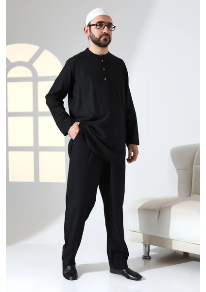 Erkek Tek Cepli Hakim Yaka Gömlek Pantolon Keten Ikili Takım Hac Umre Kıyafeti - Siyah fırsatları