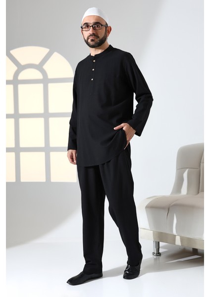Erkek Tek Cepli Hakim Yaka Gömlek Pantolon Keten Ikili Takım Hac Umre Kıyafeti - Siyah indirimleri