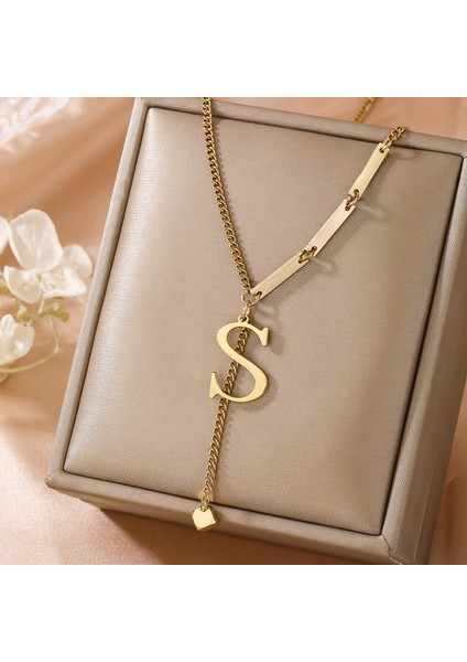 Solmayan Titanyum Çelik Monogram Kolye Küçük Kare Püskül Kolye Ucu Altın Köprücük Kemiği Zinciri (Yurt Dışından)