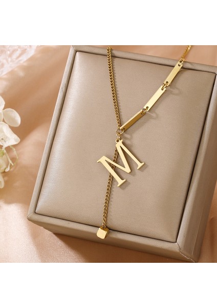 Solmayan Titanyum Çelik Monogram Kolye Küçük Kare Püskül Kolye Ucu Altın Köprücük Kemiği Zinciri (Yurt Dışından)