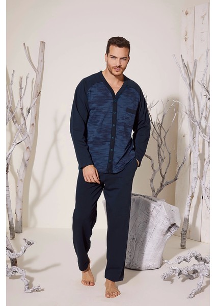 Erkek 8025 Erkek V Yaka Boydan Düğmeli Pijama Takımı