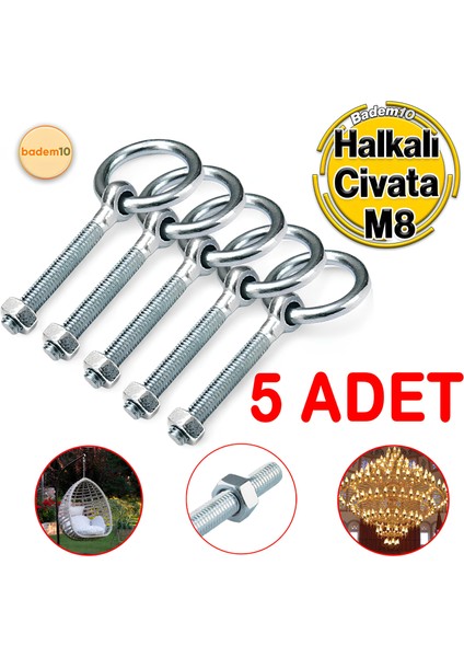 M8 Somunlu 5 Li Delikli Halka Metal Paslanmaz Civata Sabitleme Çekme Kaldırma Tavan Kancası Asma Kit