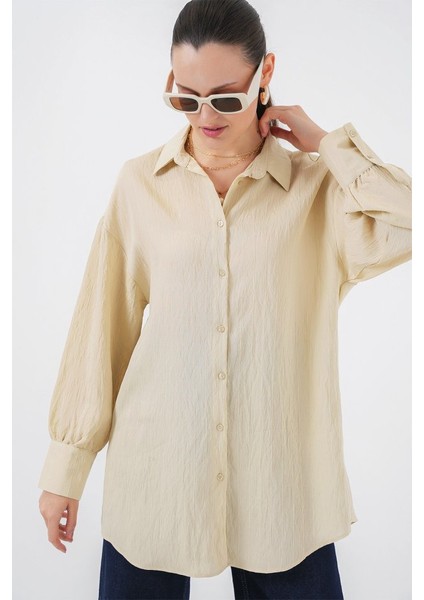 Çizgili Uzun Gömlek Tunik 5963 - Krem
