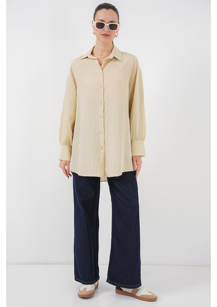 Çizgili Uzun Gömlek Tunik 5963 - Krem fiyatları