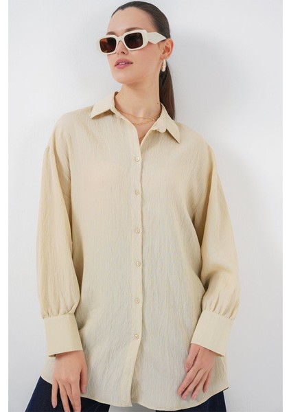 Çizgili Uzun Gömlek Tunik 5963 - Krem modelleri