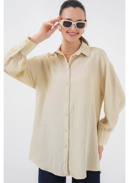 Çizgili Uzun Gömlek Tunik 5963 - Krem fırsatları