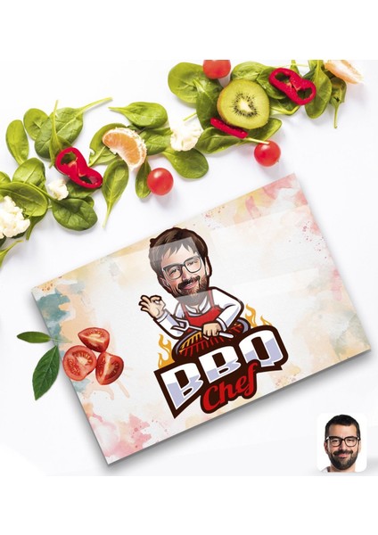 Kişiye Özel Erkek Barbekü Chef Karikatürlü Cam Kesme ve Sunum Tablası 20X30CM Model 1