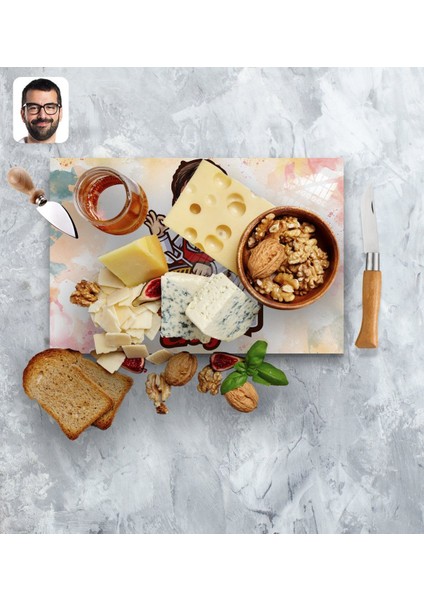 Kişiye Özel Erkek Barbekü Chef Karikatürlü Cam Kesme ve Sunum Tablası 20X30CM Model 1