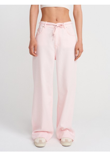72002 Arka Bölümü Lastikli Rahat Denim Pantolon-Pembe fırsatları